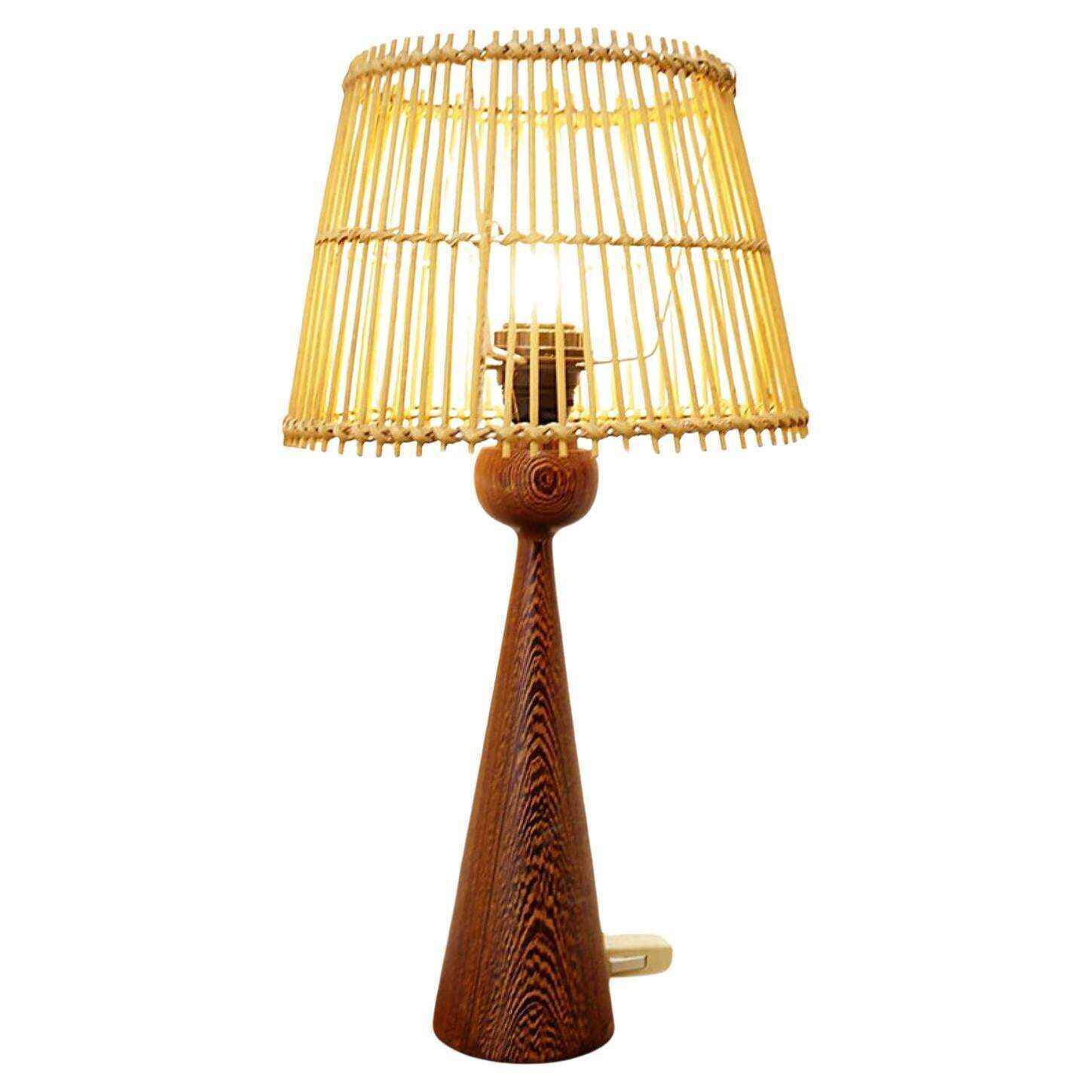Keel Shaped Wood Table Lamp With Bamboo Shade 1960s