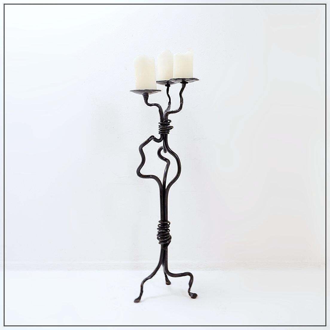 2358.0 Large Wrought Iron Candelabra With An Abstract Design And Three Candle Holders photo