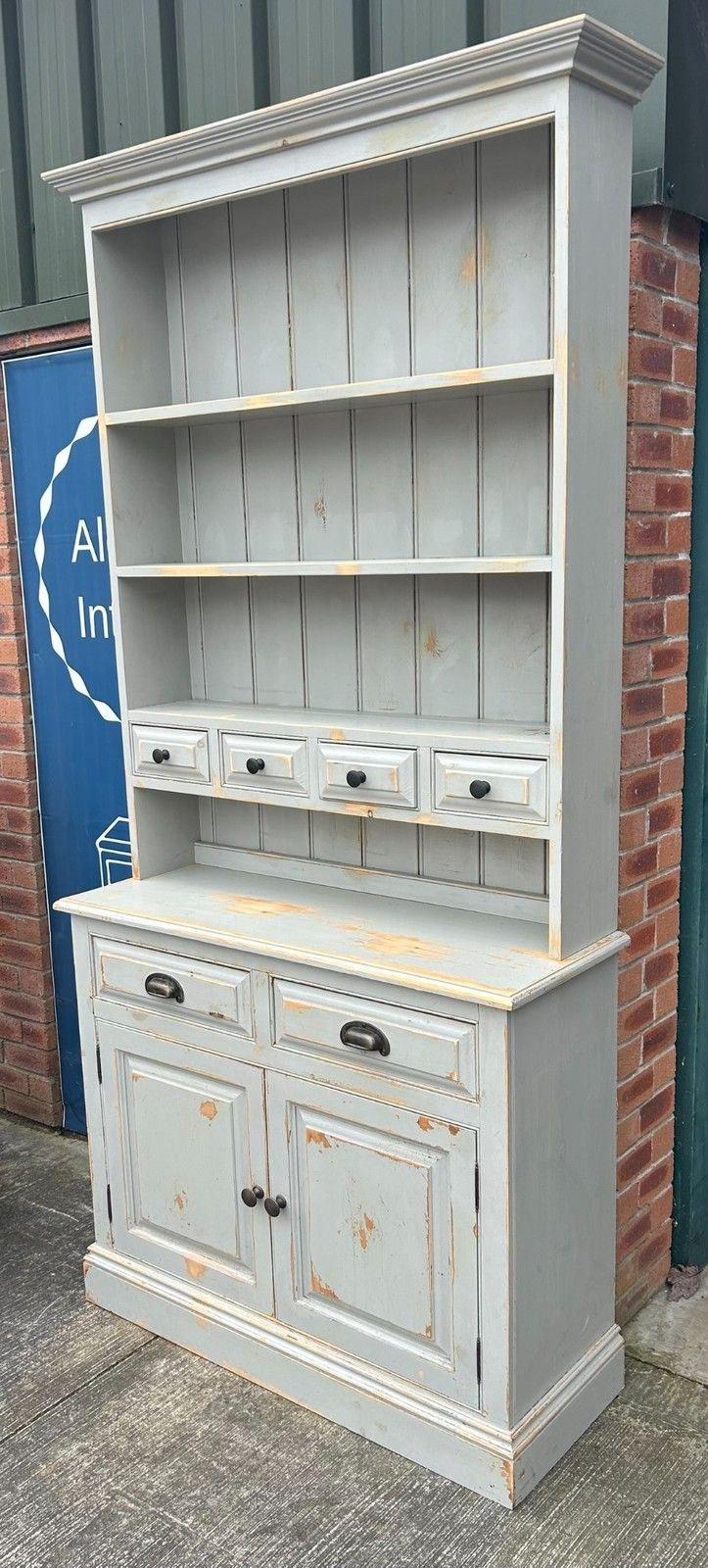 225.0 Distressed Painted Pine French Style Farmhouse Kitchen Dresser Inc Spice Drawers photo