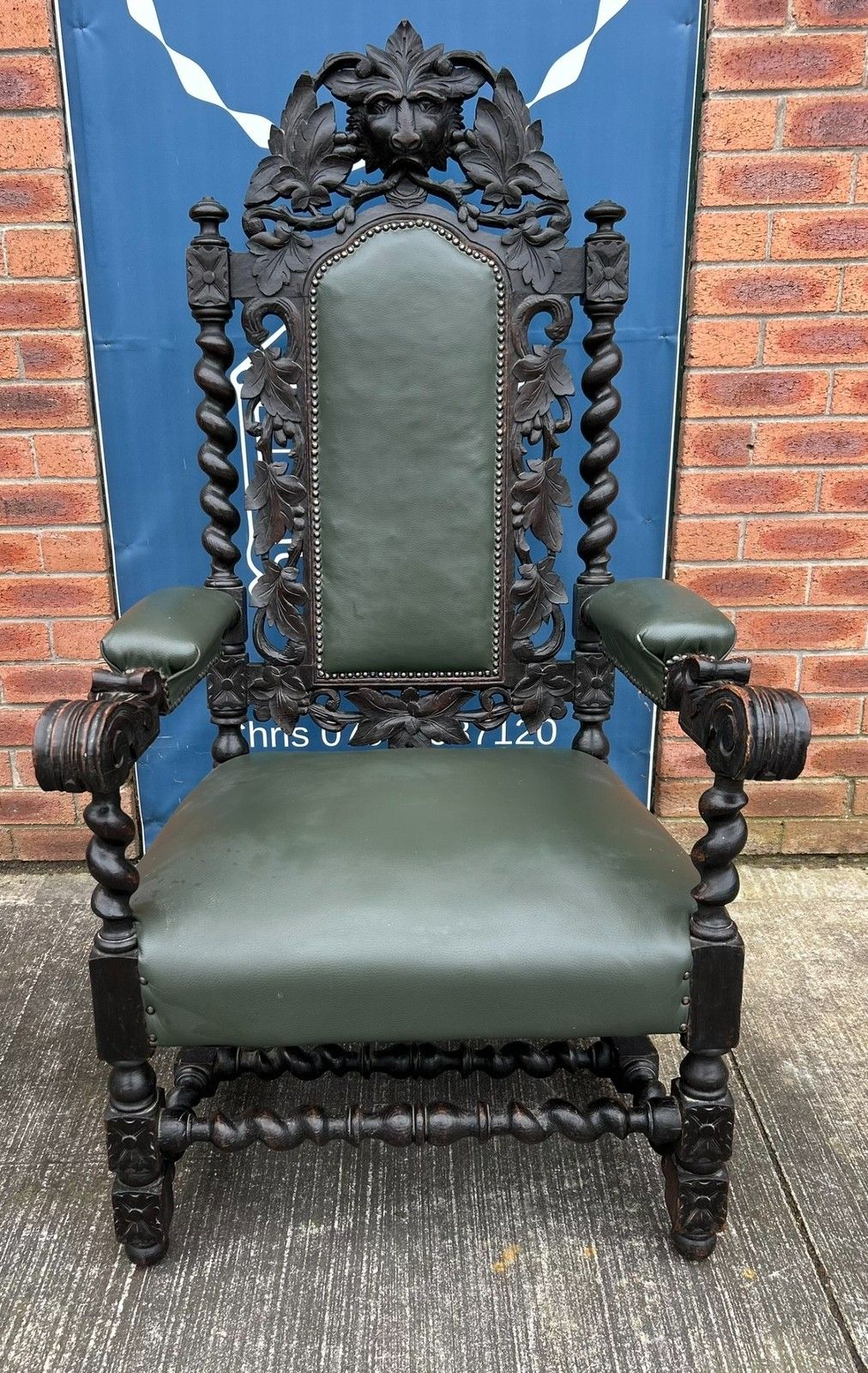 Antique Oak Gothic Green Man Carved Barley Twist Throne Leather Armchair photo for sale