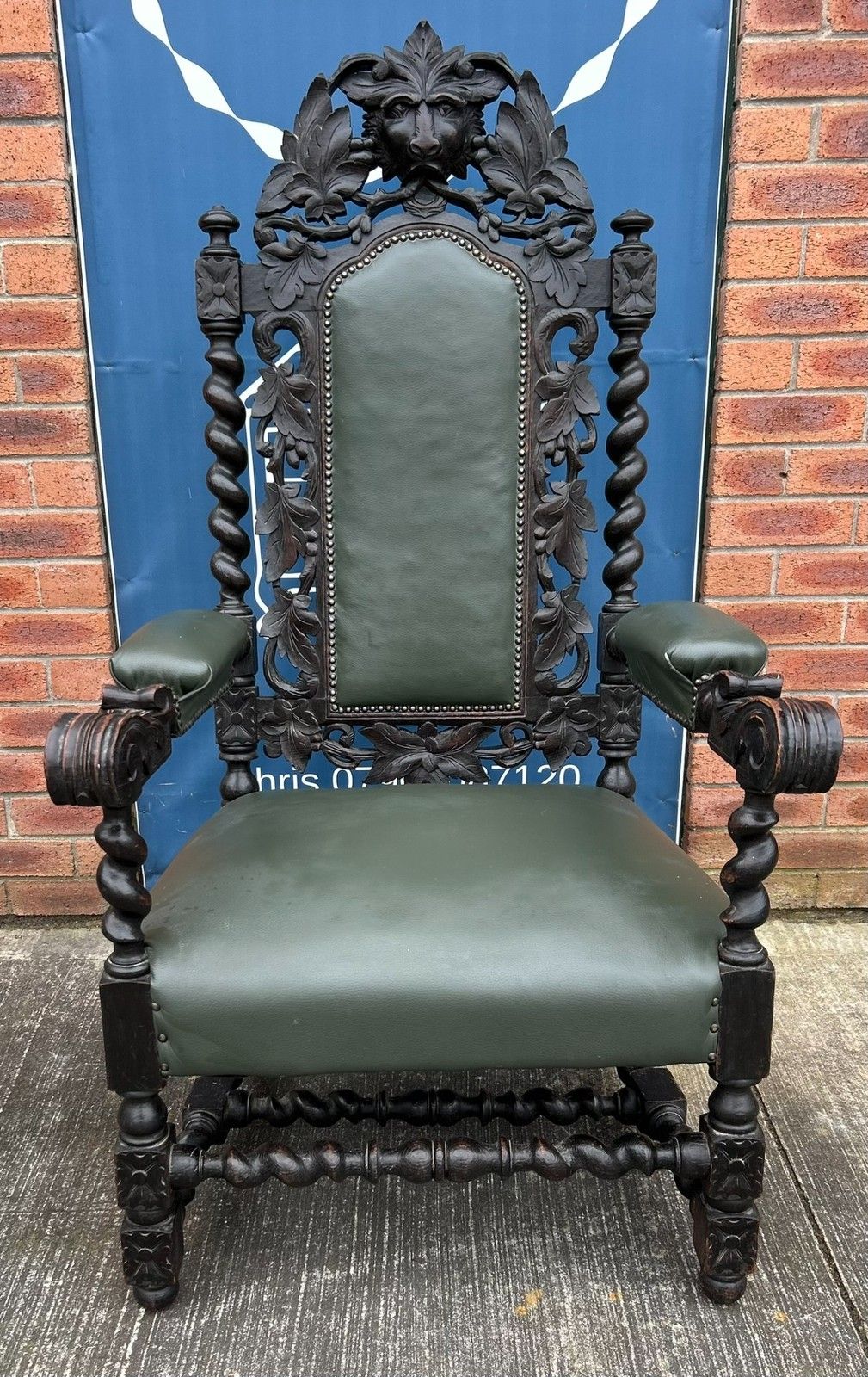 photo for sale Antique Oak Gothic Green Man Carved Barley Twist Throne Leather Armchair