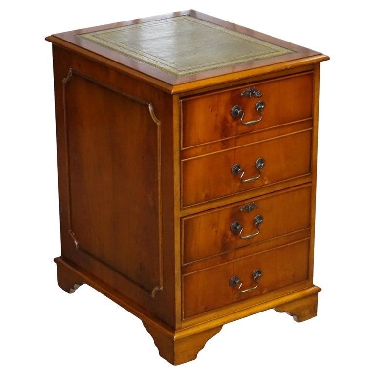 Vintage Yew Wood Filling Cabinet With Green Leather Top And Two Drawers