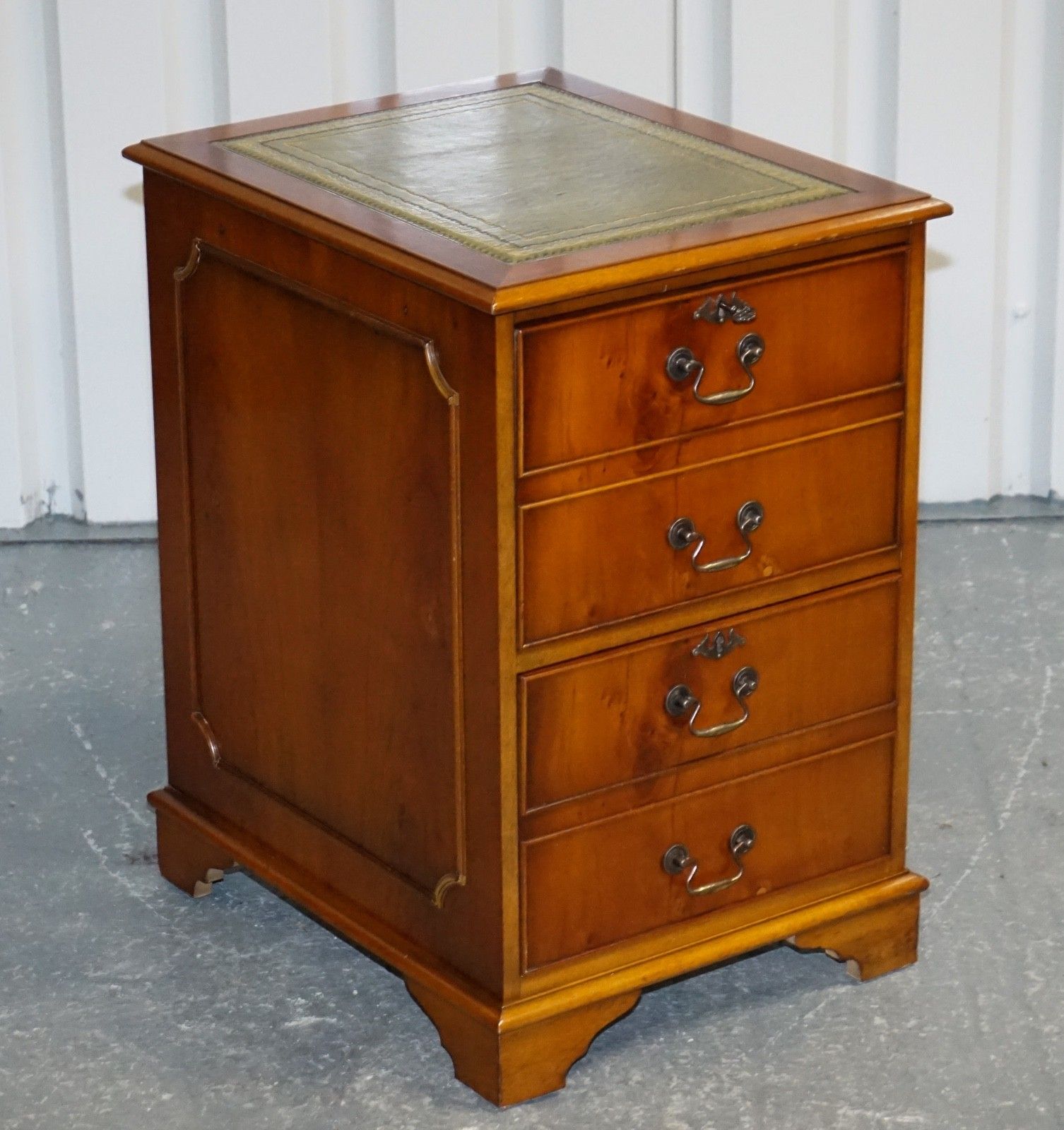 Vintage Yew Wood Filling Cabinet With Green Leather Top And Two Drawers photo furniture