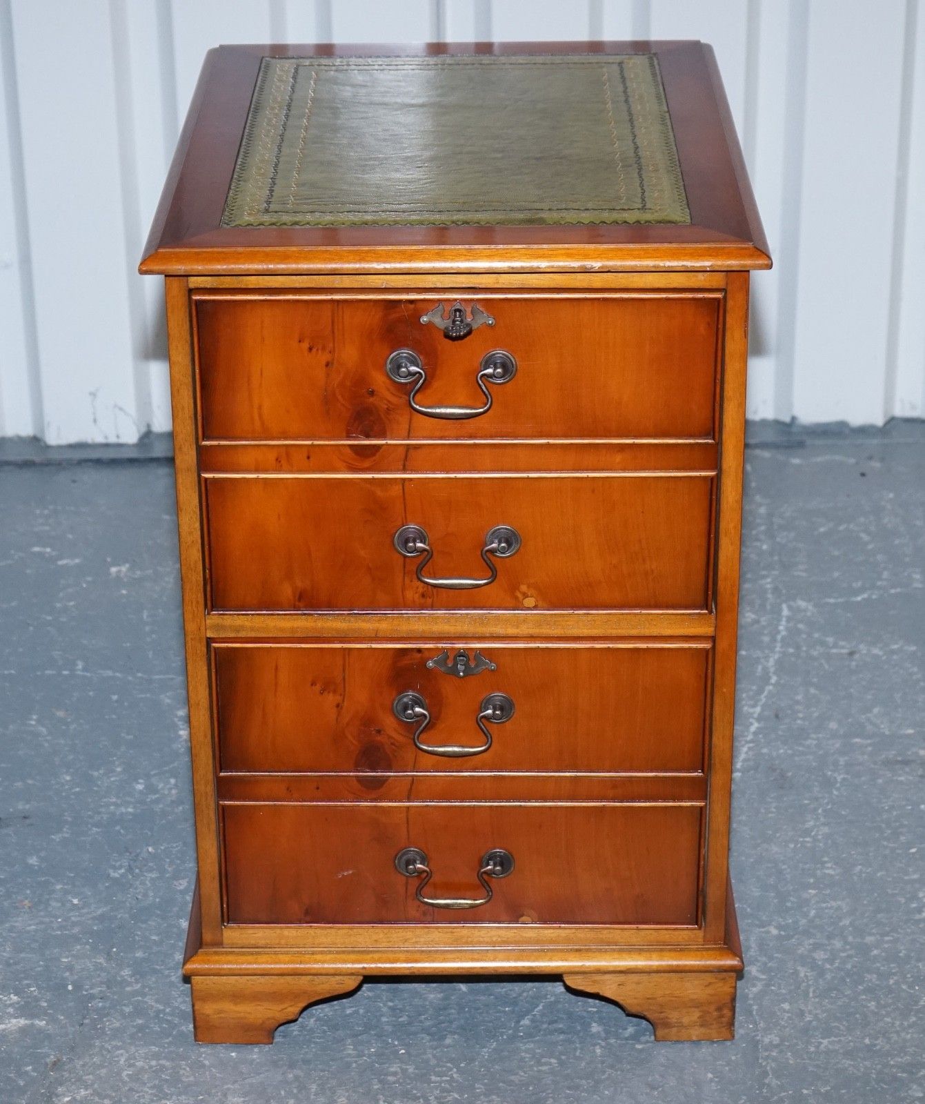 Vintage Yew Wood Filling Cabinet With Green Leather Top And Two Drawers photo buy
