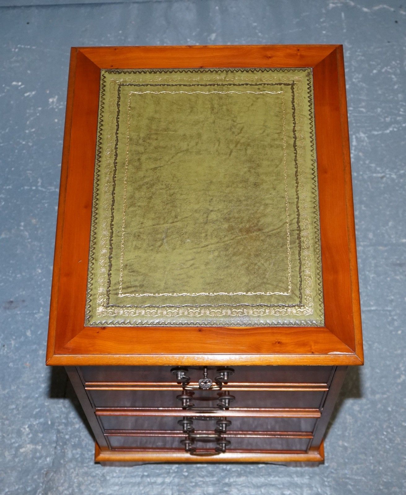 Furniture Vintage Yew Wood Filling Cabinet With Green Leather Top And Two Drawers photo