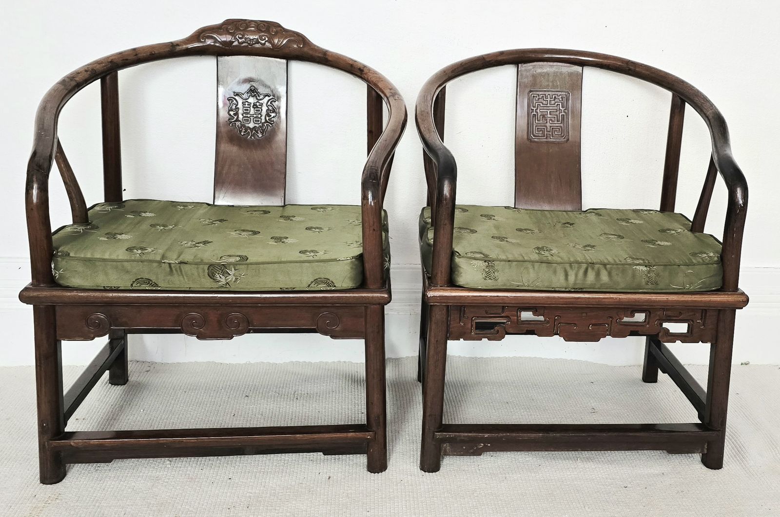 photo for sale A Pair Of Chinese Qing Dynasty Hardwood Chairs With Original Cushions.