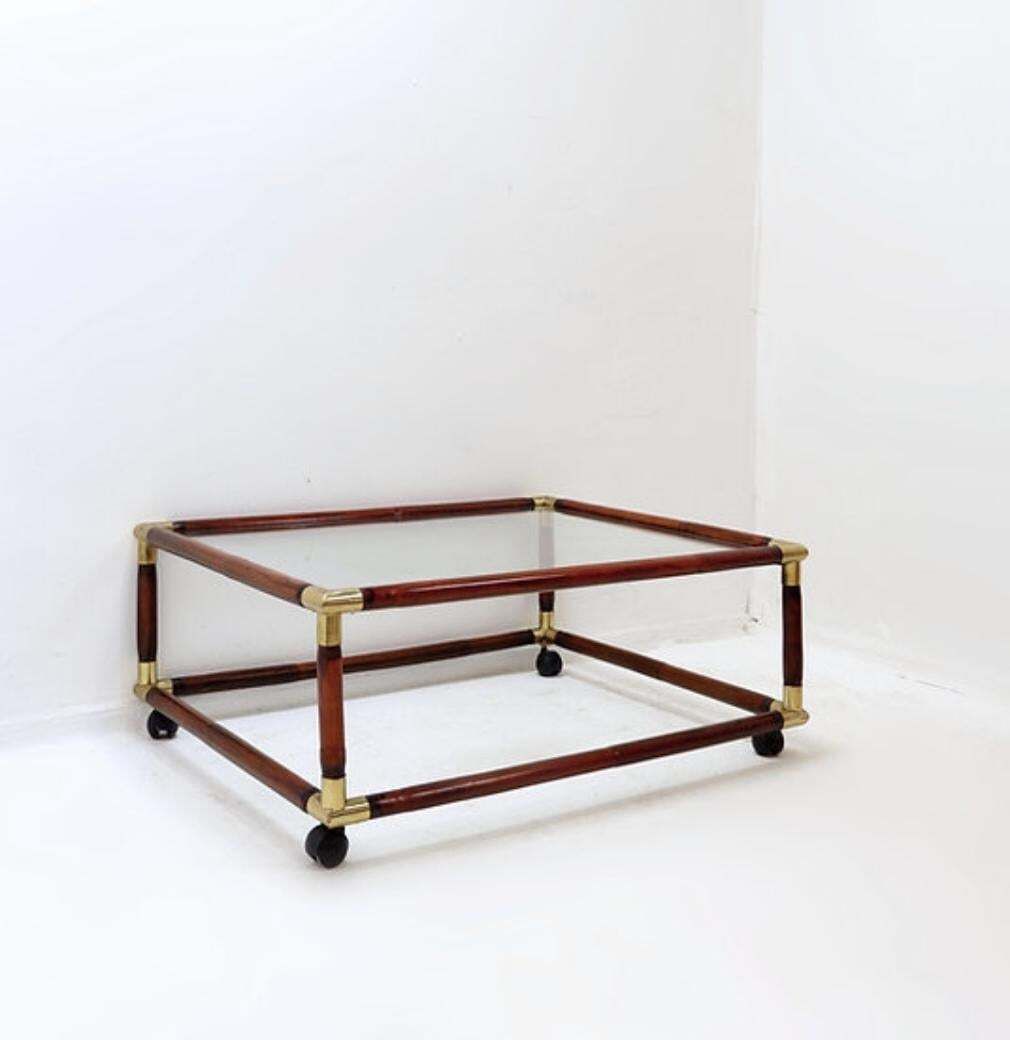 Coffee Table In Bamboo And Brass With Glass Top, 60s photo buy