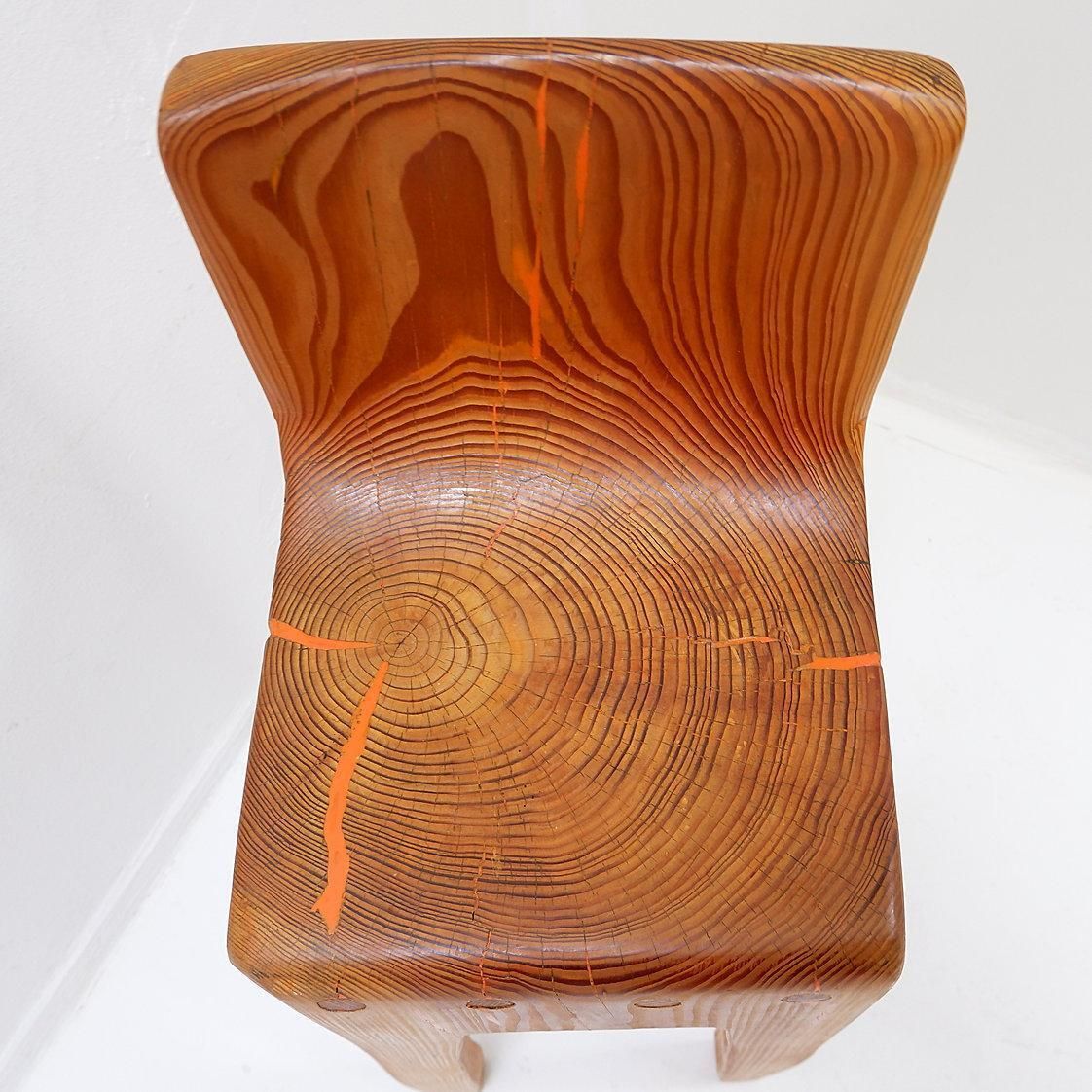 photo vintage Sculptural High Chair In Brutalist Style In Solid Oak Inspired By Wabi Sabi