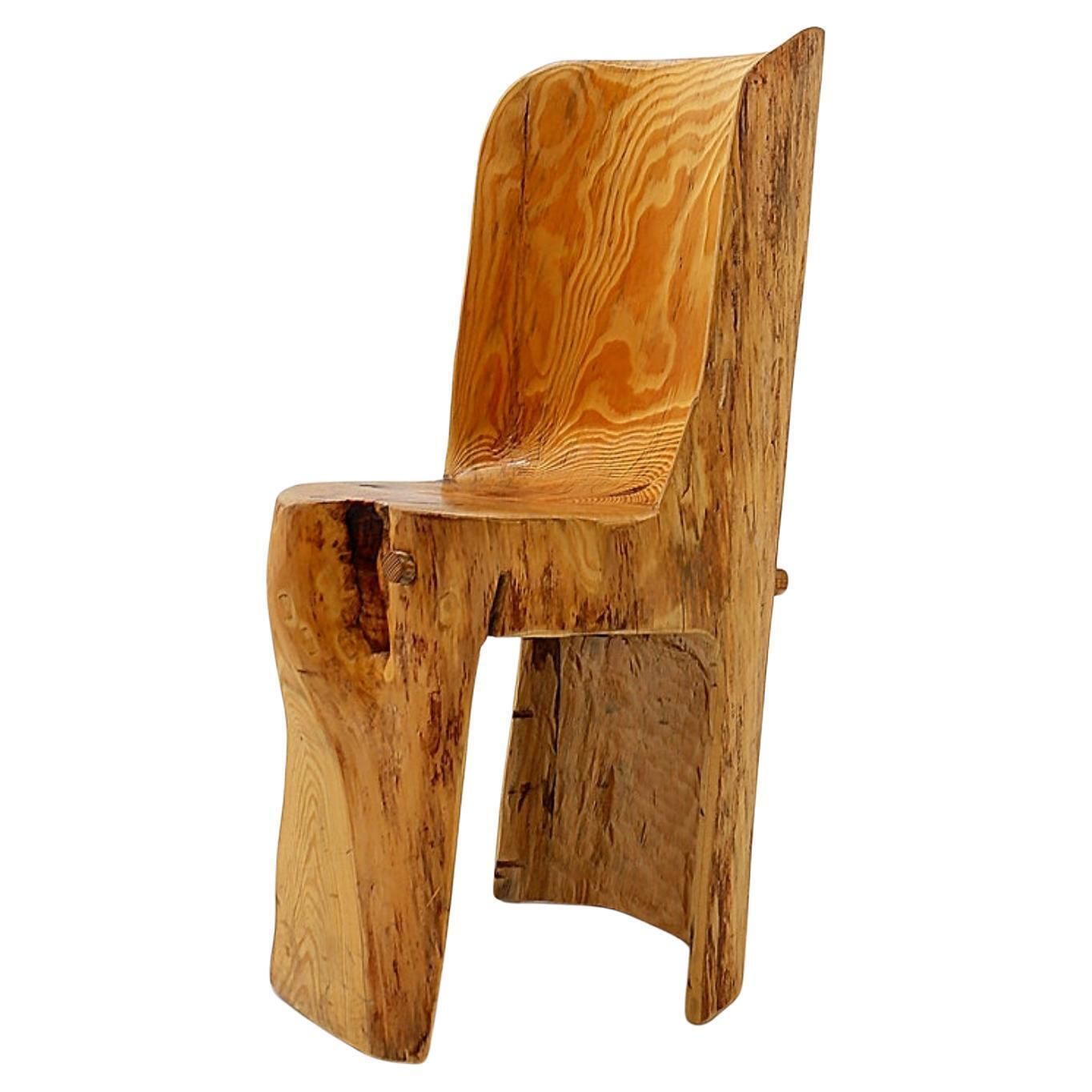 Sculptural Brutalist Chair In Solid Oak In Wabi Sabi Style