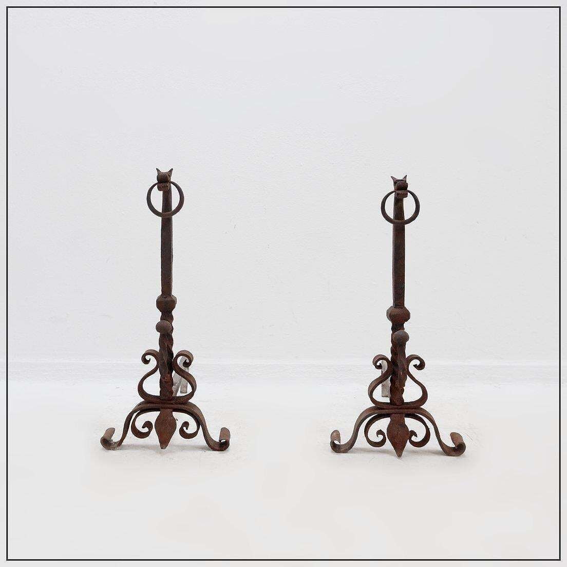 Italian Wrought Iron Dragon Andirons, Antique Fireplace Set, 1920s photo vintage