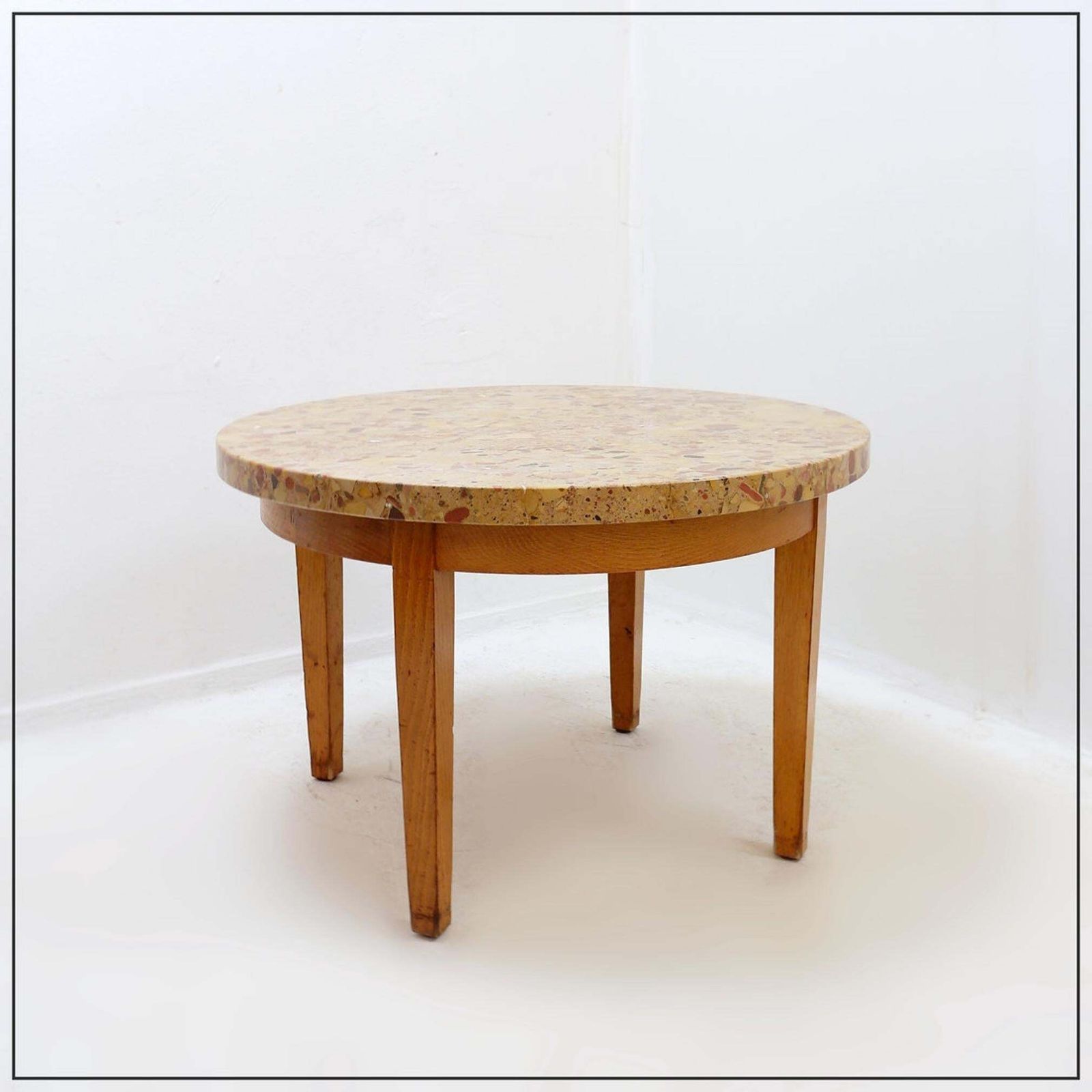 Round Wooden Coffee Table With A Marble Top Made Of Aleppo Breccia photo 1040.0