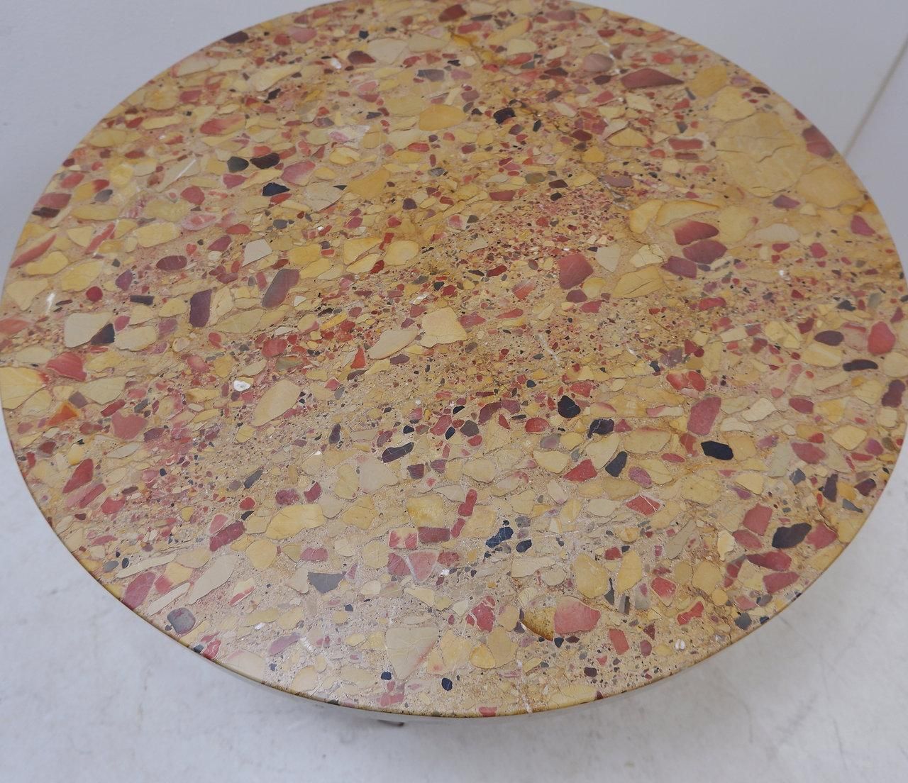 Round Wooden Coffee Table With A Marble Top Made Of Aleppo Breccia photo vintage