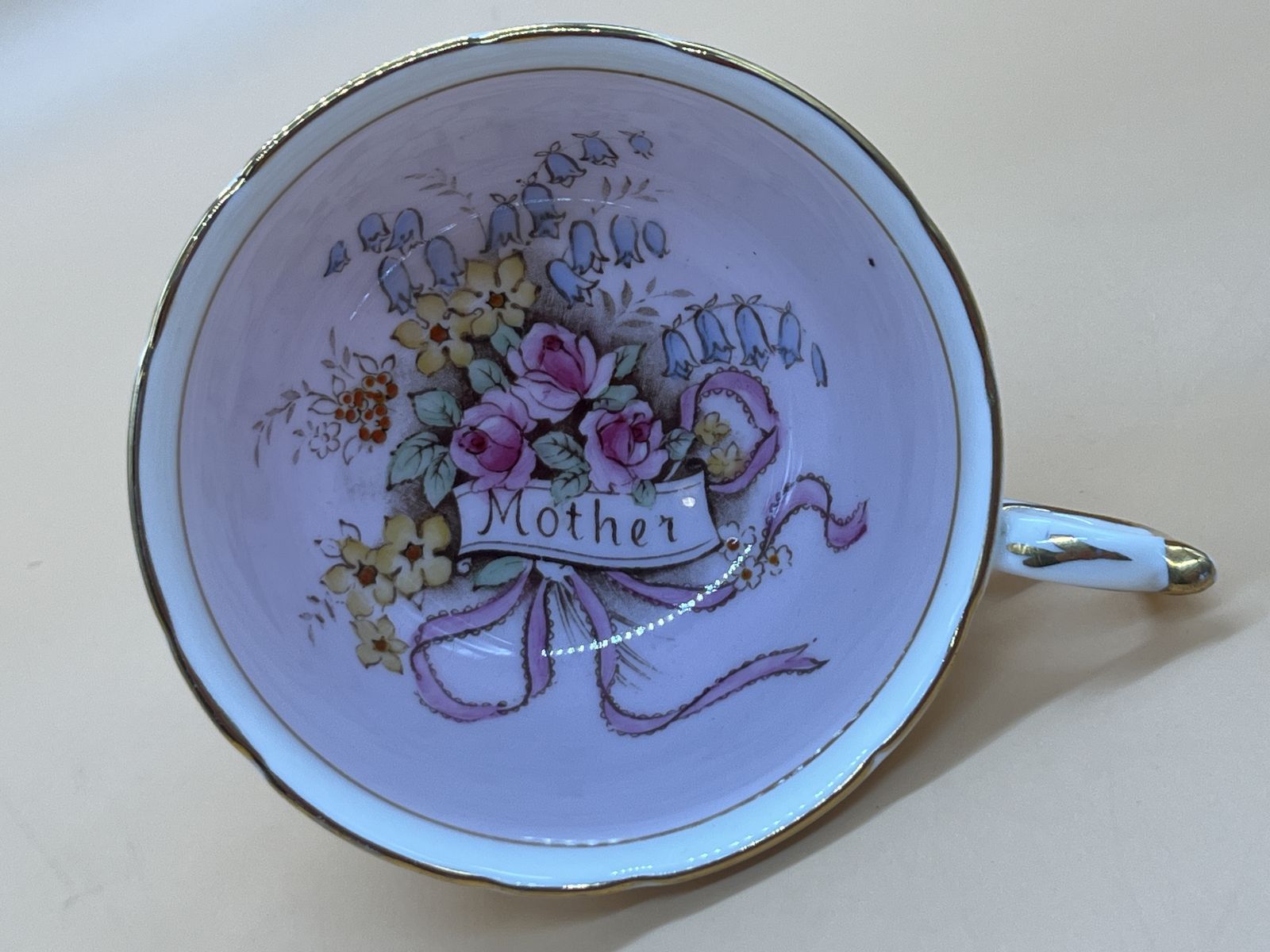 Art Deco Paragon China Double Warrant Queen Mary Mother On Pink Chintz Tea Cup And Saucer Duo. No. A1296. photo vintage