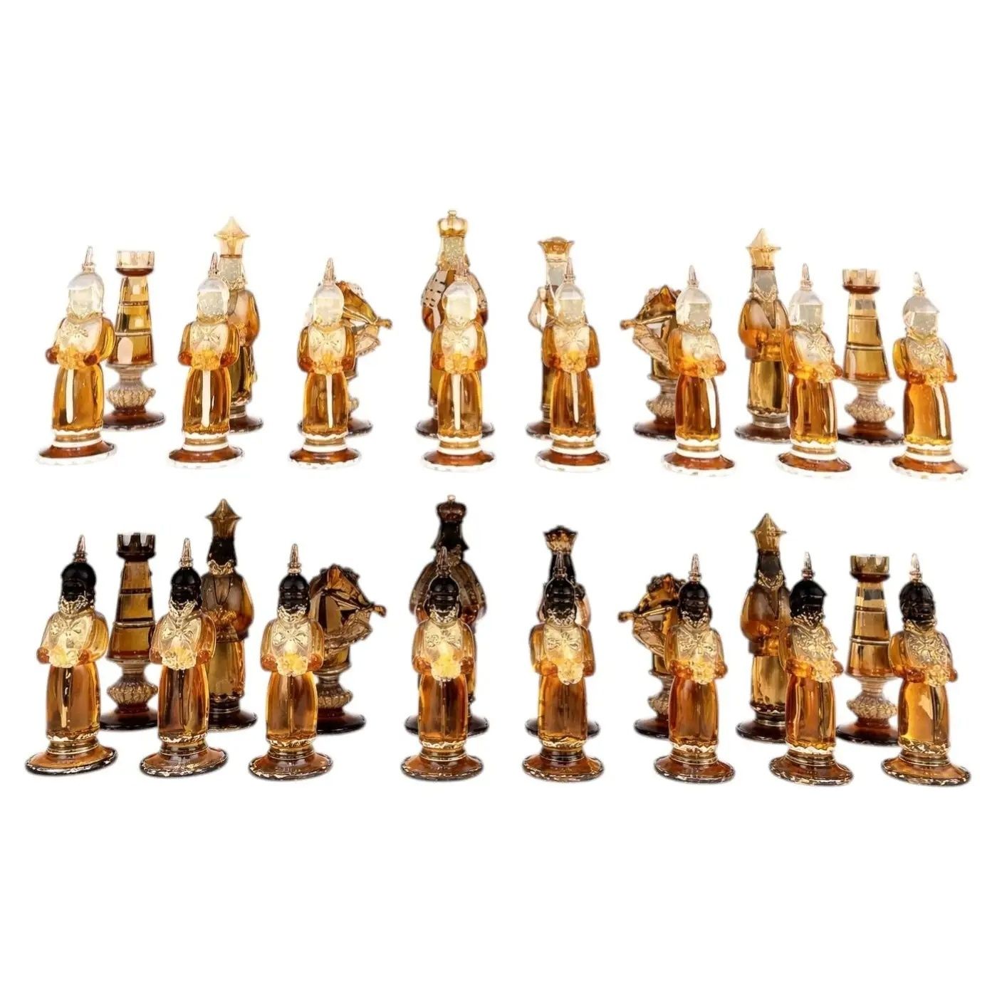 Rare Chess Set Composed Of 32 Solid Amber Glass Pieces, Barbini, Pauly & C