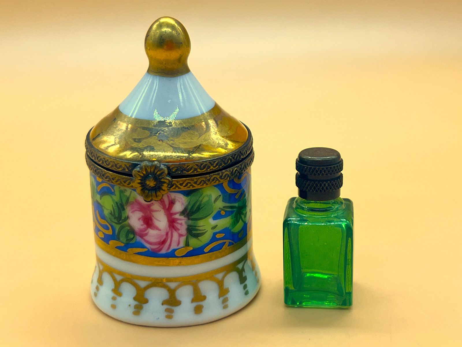 Limoges Porcelain France Perfume Box With Internal Frame And Green Glass Perfume Bottle.
