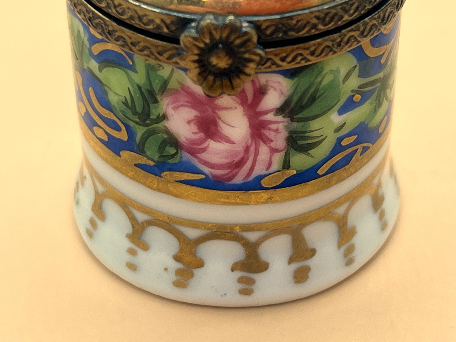 Limoges Porcelain France Perfume Box With Internal Frame And Green Glass Perfume Bottle. photo for sale