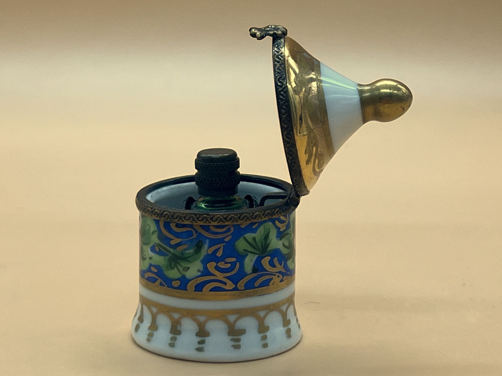 Limoges Porcelain France Perfume Box With Internal Frame And Green Glass Perfume Bottle. photo vintage