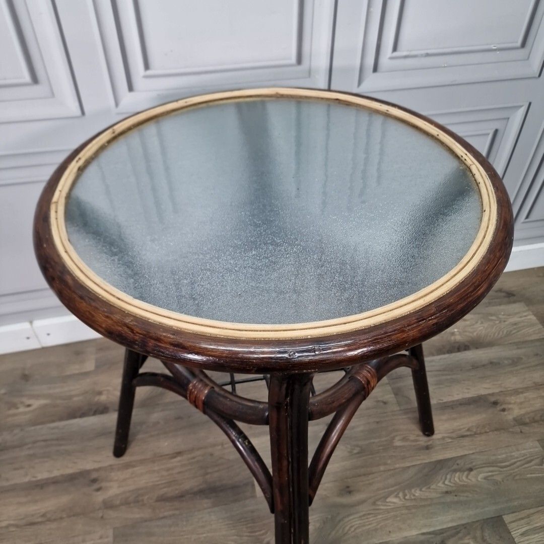 Vintage Rattan Glass Table Mid Century Bistro Bamboo Top Boho Tiki Retro photo Furniture