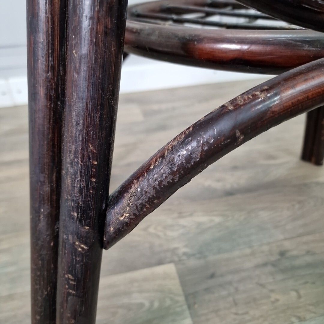 photo vinterior Vintage Rattan Glass Table Mid Century Bistro Bamboo Top Boho Tiki Retro