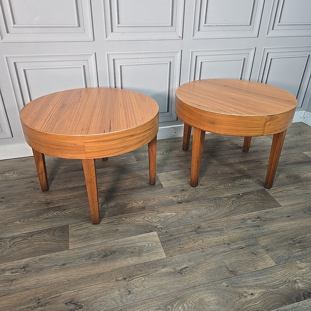 Vintage Round Side Tables Teak Veneer  – Mid Century Pair – Wooden Coffee Mcm photo furniture