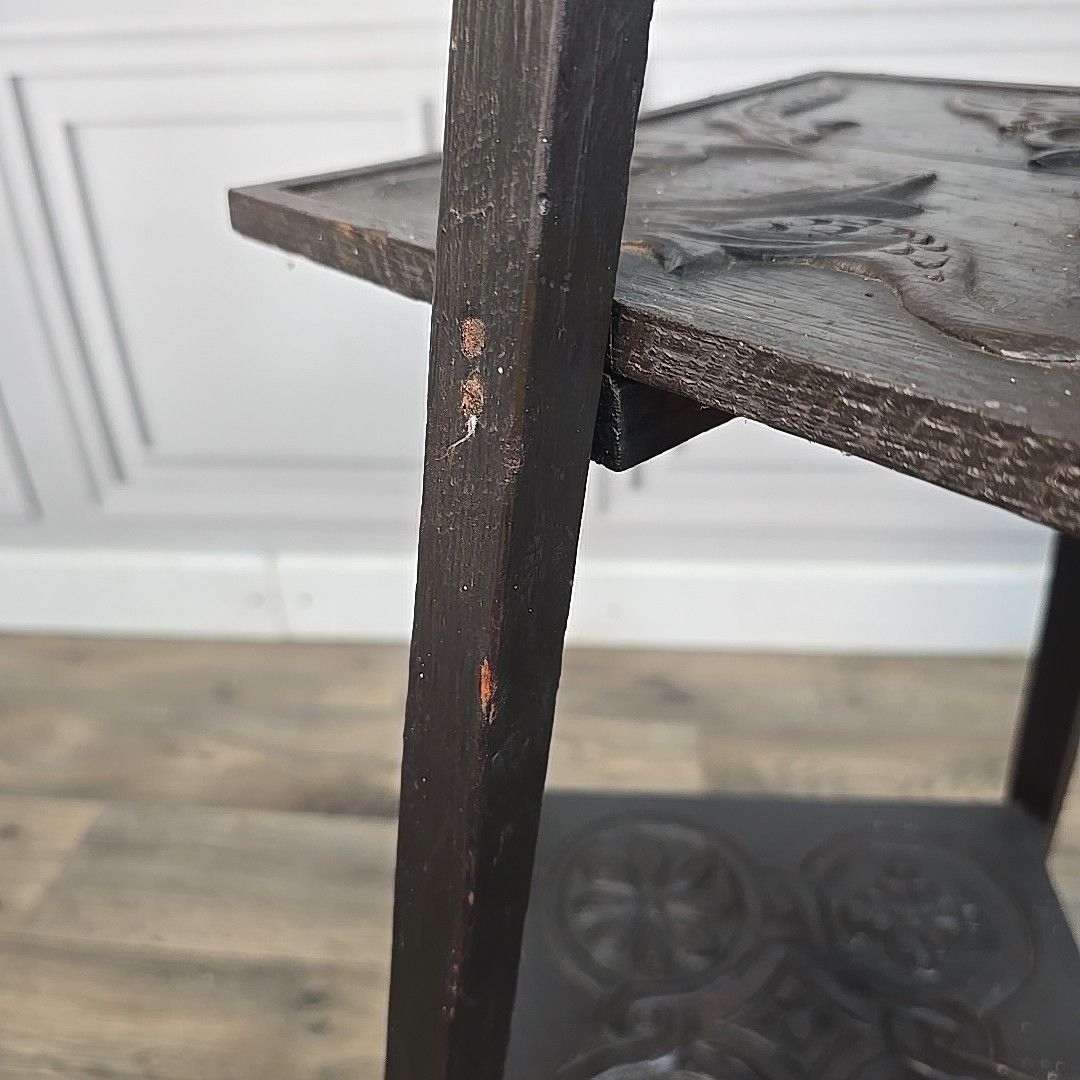photo vinterior Antique Plant Stand Table Arts & Crafts Three Tier Carved Display Ebonised Wood