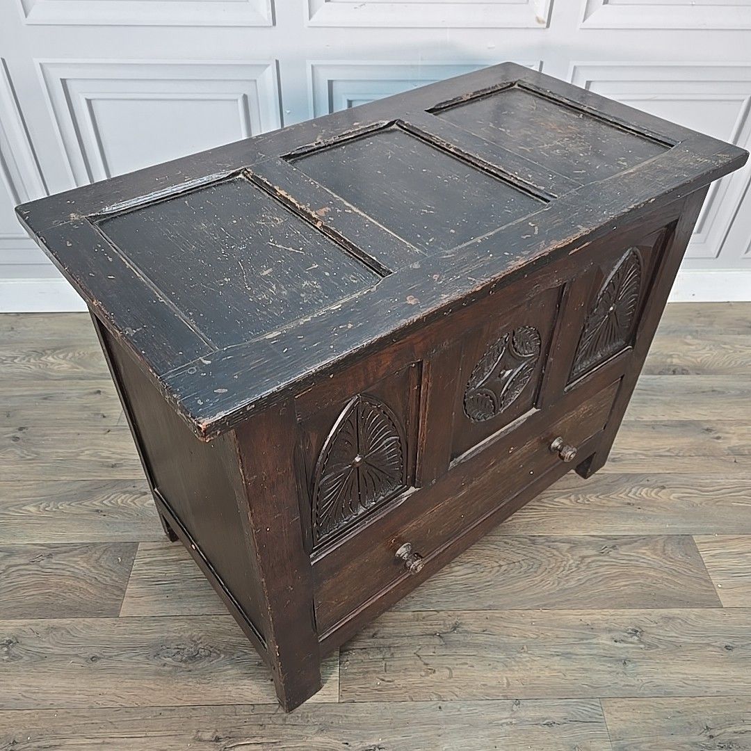 Antique Oak Coffer Storage Trunk Chest – Carved Panels – Box Drawers Jacobean photo furniture