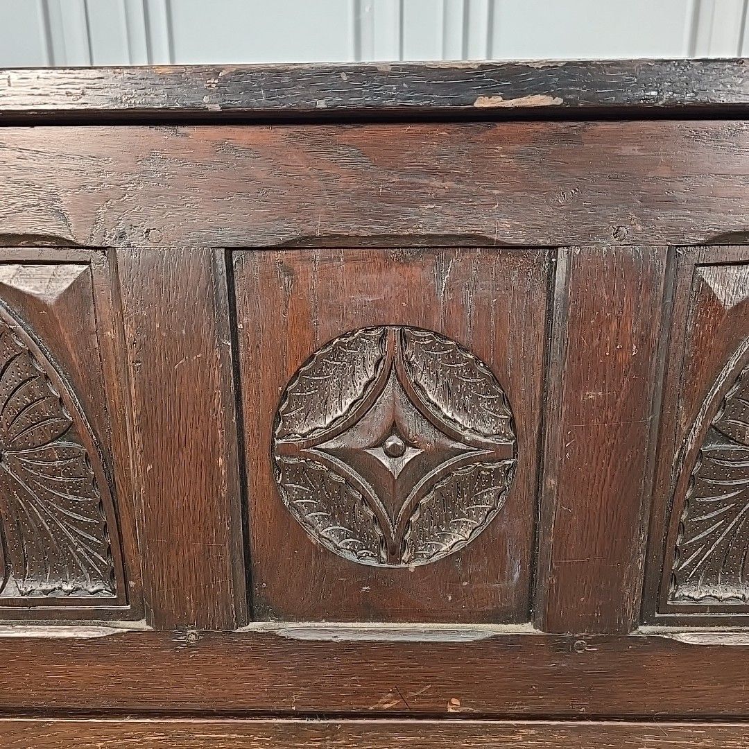 photo furniture Antique Oak Coffer Storage Trunk Chest – Carved Panels – Box Drawers Jacobean