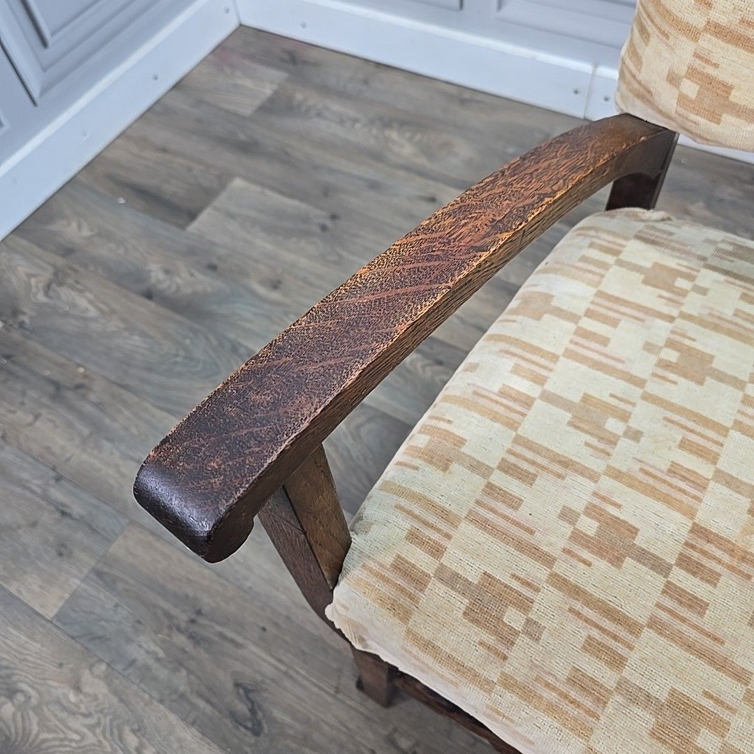 Antique Oak Armchair – Arts & Crafts Style – Upholstered & Carved Wooden Chair photo buy