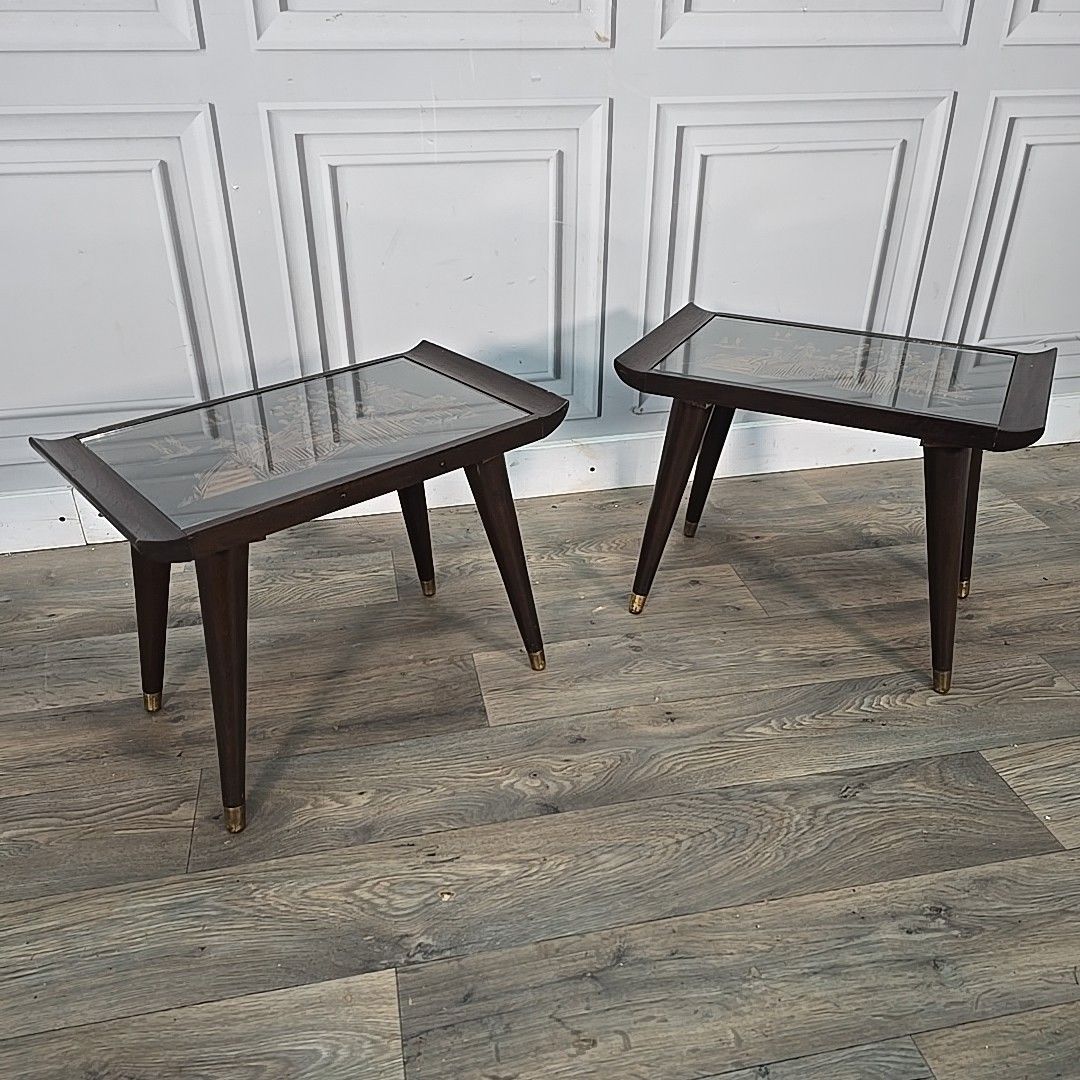 Vintage Oriental Side Tables Pair Mid Century Tapered Legs Carved Scene Retro photo furniture
