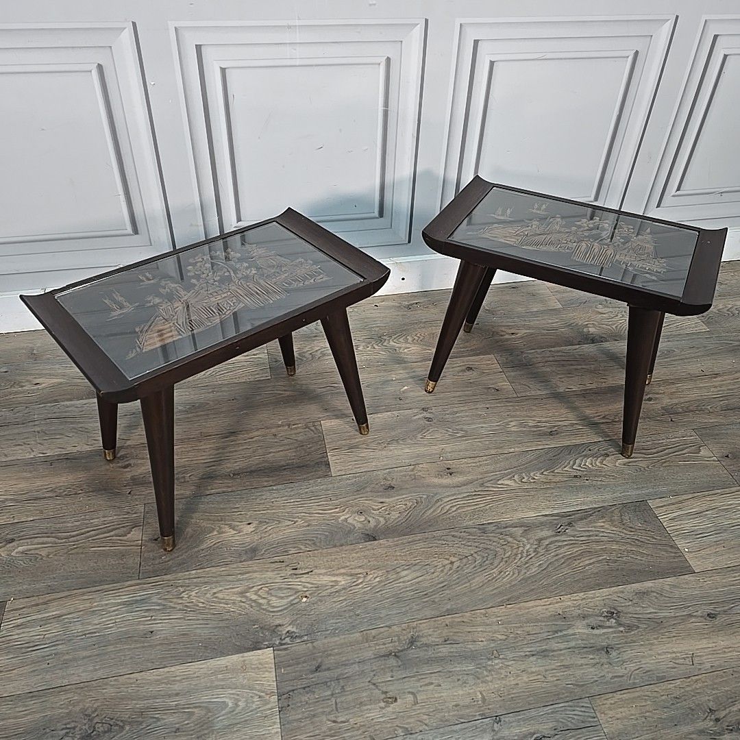 Vintage Oriental Side Tables Pair Mid Century Tapered Legs Carved Scene Retro photo for sale