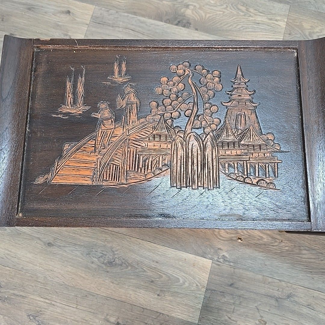 photo furniture Vintage Oriental Side Tables Pair Mid Century Tapered Legs Carved Scene Retro