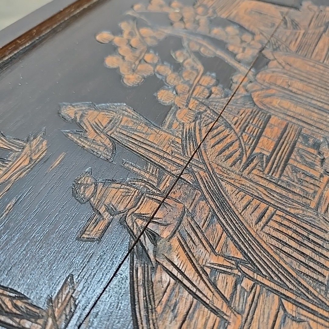 Furniture Vintage Oriental Side Tables Pair Mid Century Tapered Legs Carved Scene Retro photo