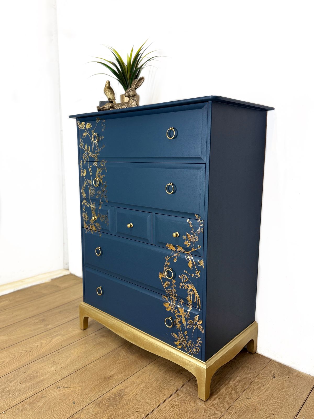 Refinished Stag Minstrel Tallboy Chest Of Drawers In Navy Blue With Gold Foil Floral Bird Design photo for sale
