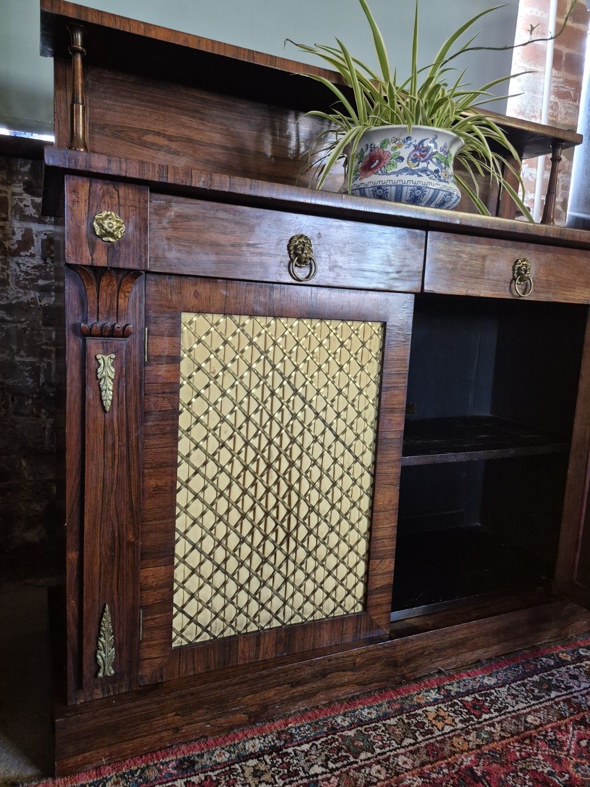 photo vintage A Regency Rosewood Boho Credenza  Sideboard Circa Lions Head Brass Trellis C1820