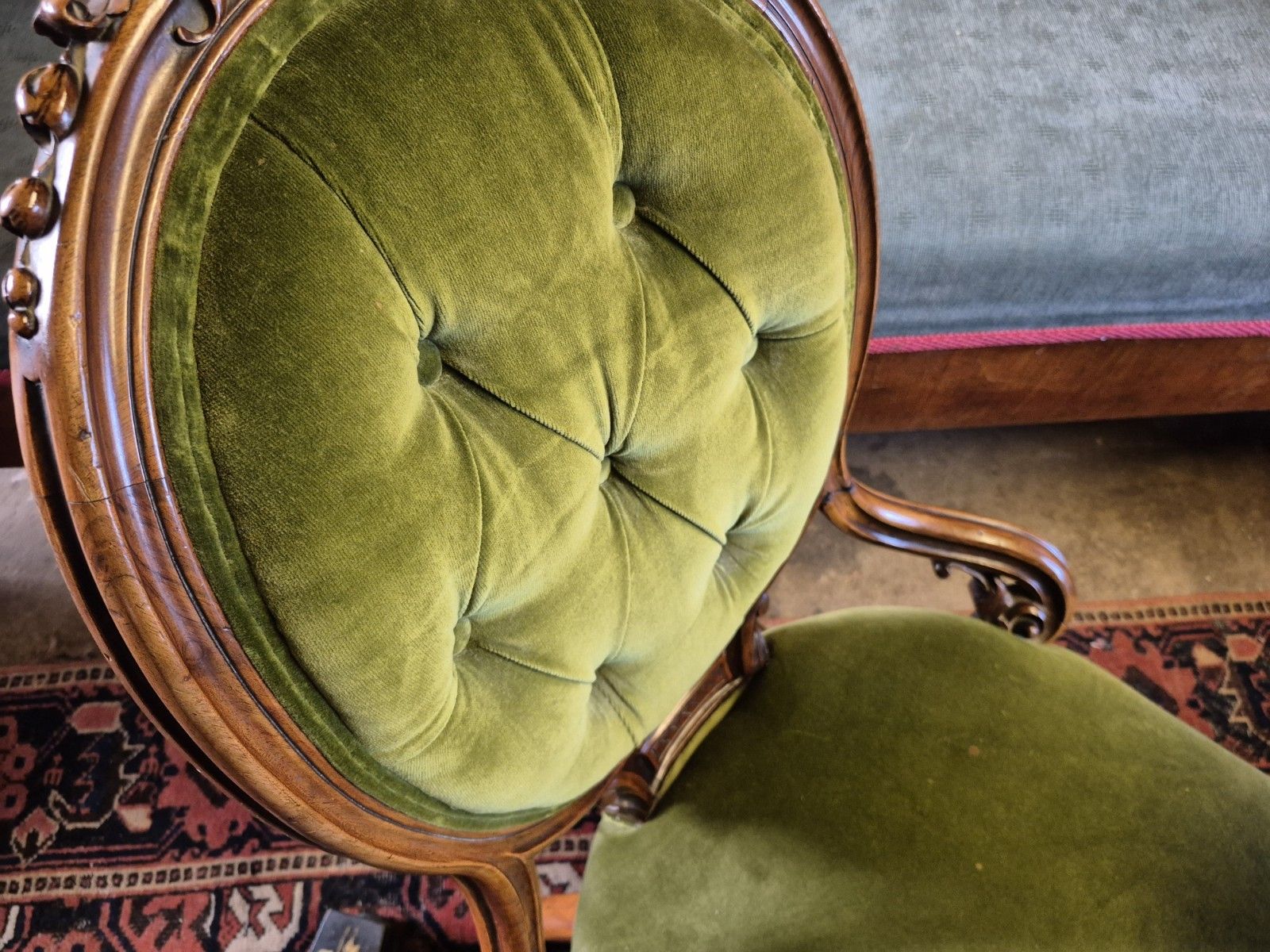 Epic Boho Green Velvet Early Victorian Carved Nursing Boudoir Chair On Castors photo Furniture