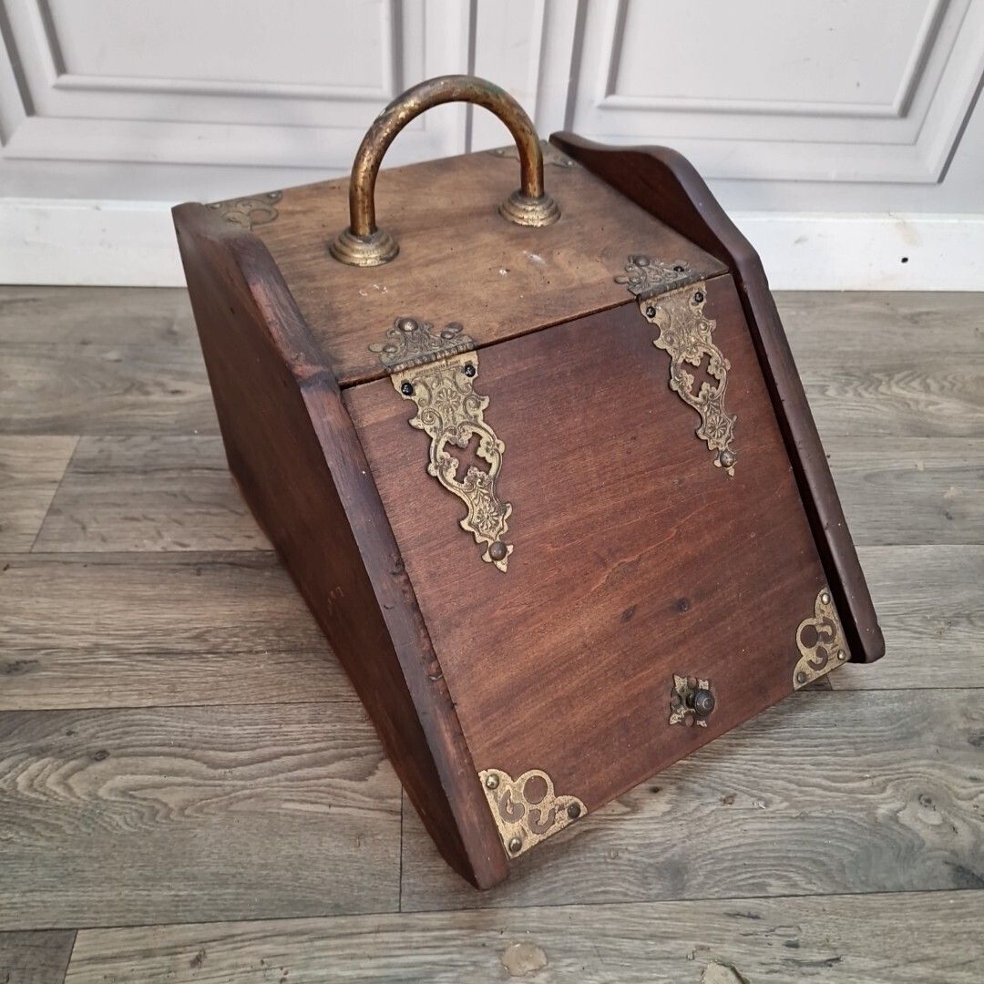 Antique Coal Scuttle   Mahogany Brass Mounted   Fireside Box Fire Log Storage photo furniture