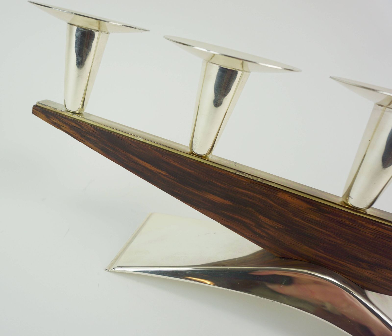 Modern Mid Century Candle Holder In Silver Plated Metal And Wood From The 1950s 1960s photo vintage