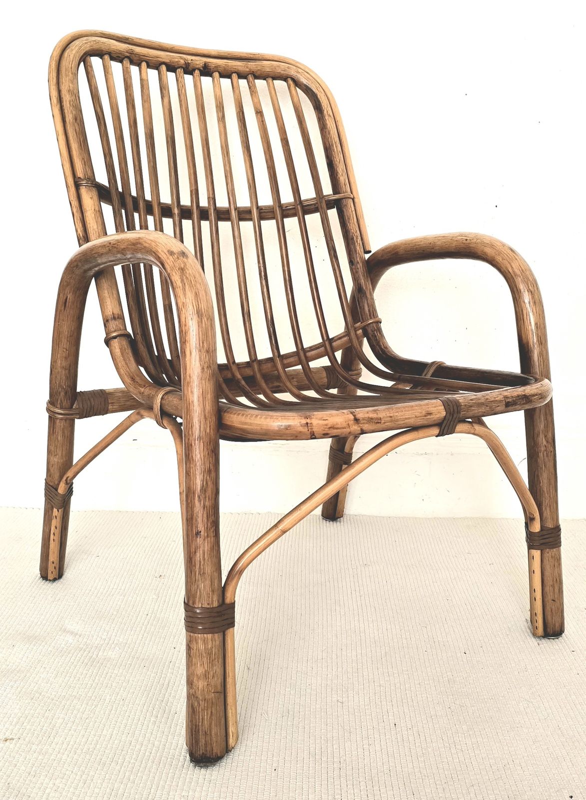 Mid Century Italian Bent Bamboo & Leather Lounge Chair