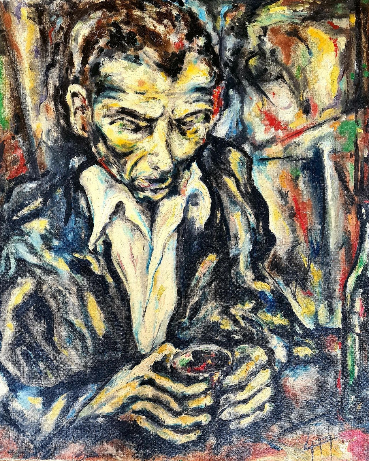 Midcentury Expressionist Portrait Painting, Oil On Canvas, Circle Ludwig Meidner From 1961 By Lirondo