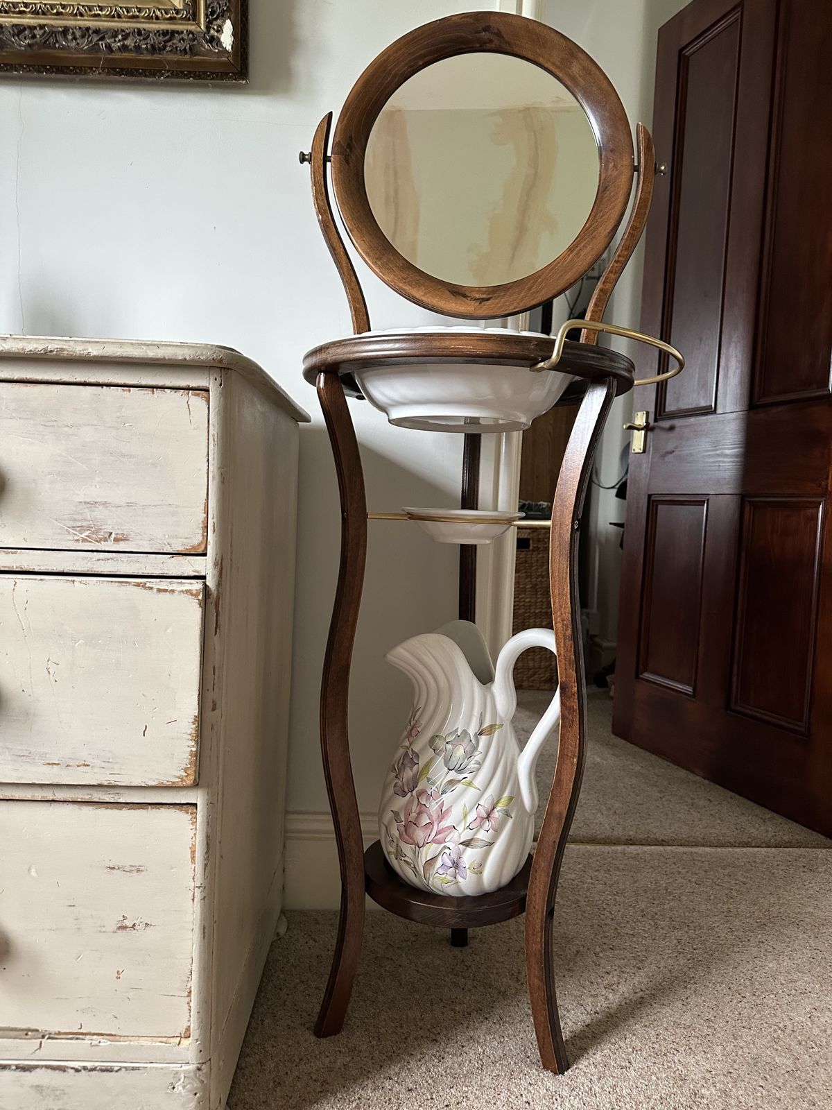 Edwardian Mahogany Shaving Stand / Bedroom Washstand With Mirror Basin & Towel Rail photo 150.0