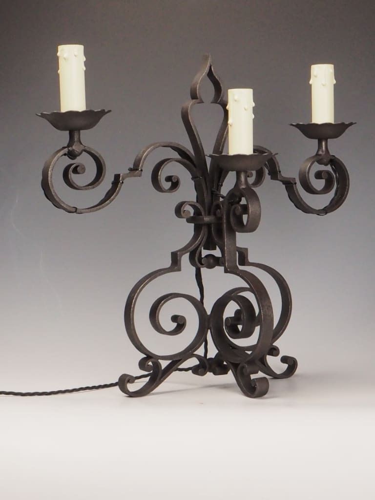 Pair Of Antique French Wrought Iron Mantel Or Sideboard Lamps – Triple Light Design photo buy
