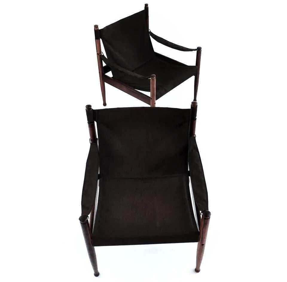 Pair Of Two Rare Erik Worts For Niels Eilersen Danish "Safari' Chairs In Black Leather photo for sale