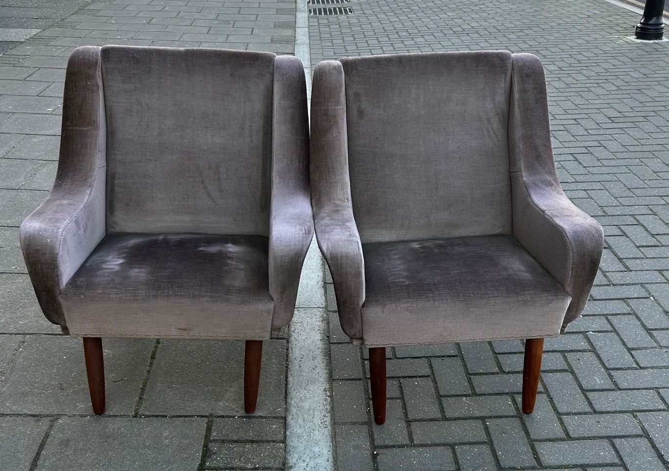 Pair Of Danish Armchairs Upholstered In Velour