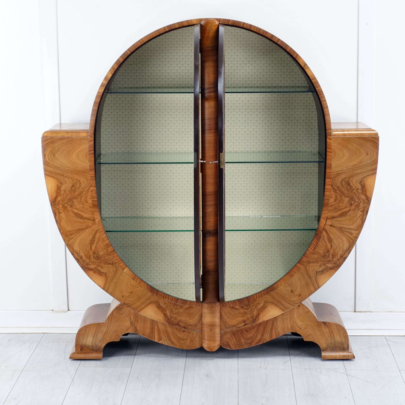 photo furniture Art Deco Figured Walnut Oval Display Cabinet — English Circa 1930