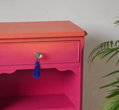 Pink Side Table   Hand Painted Bedside Vanity   Ombre, Floral Drawers photo vinterior