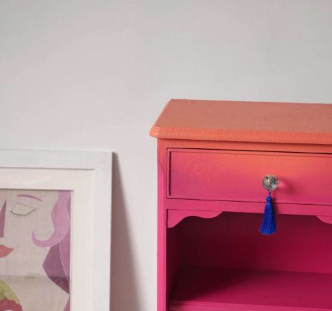 Pink Side Table   Hand Painted Bedside Vanity   Ombre, Floral Drawers photo vintage