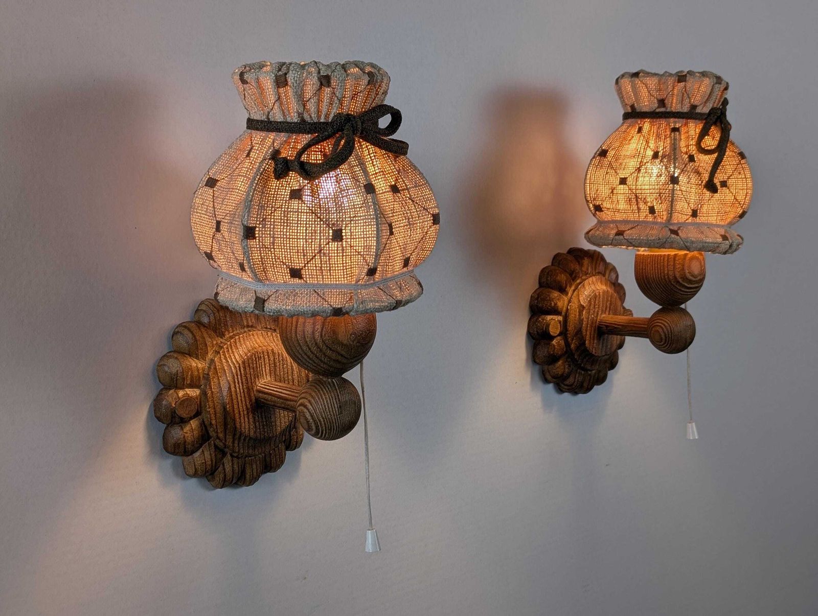 Pair Of Carved Pine Wall Sconces With Jute Shades, Swedish Design, 1970s. photo furniture