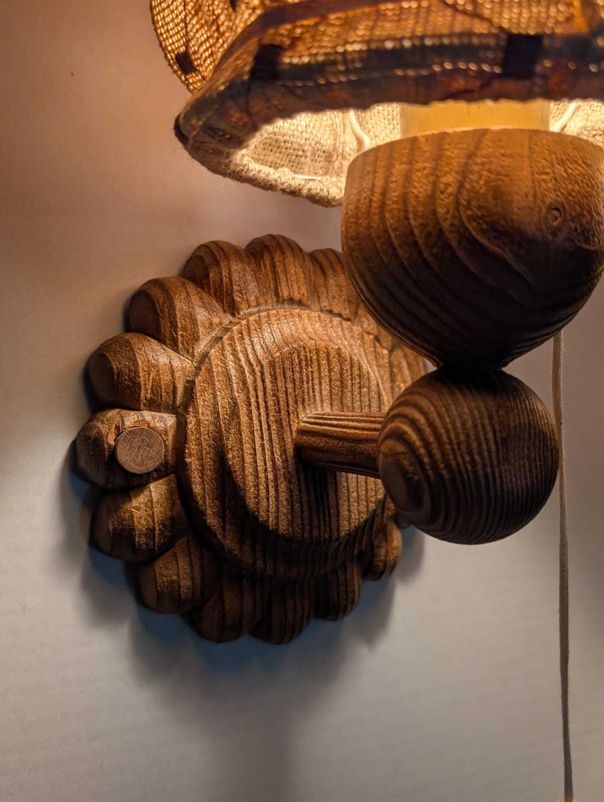 Pair Of Carved Pine Wall Sconces With Jute Shades, Swedish Design, 1970s. photo buy