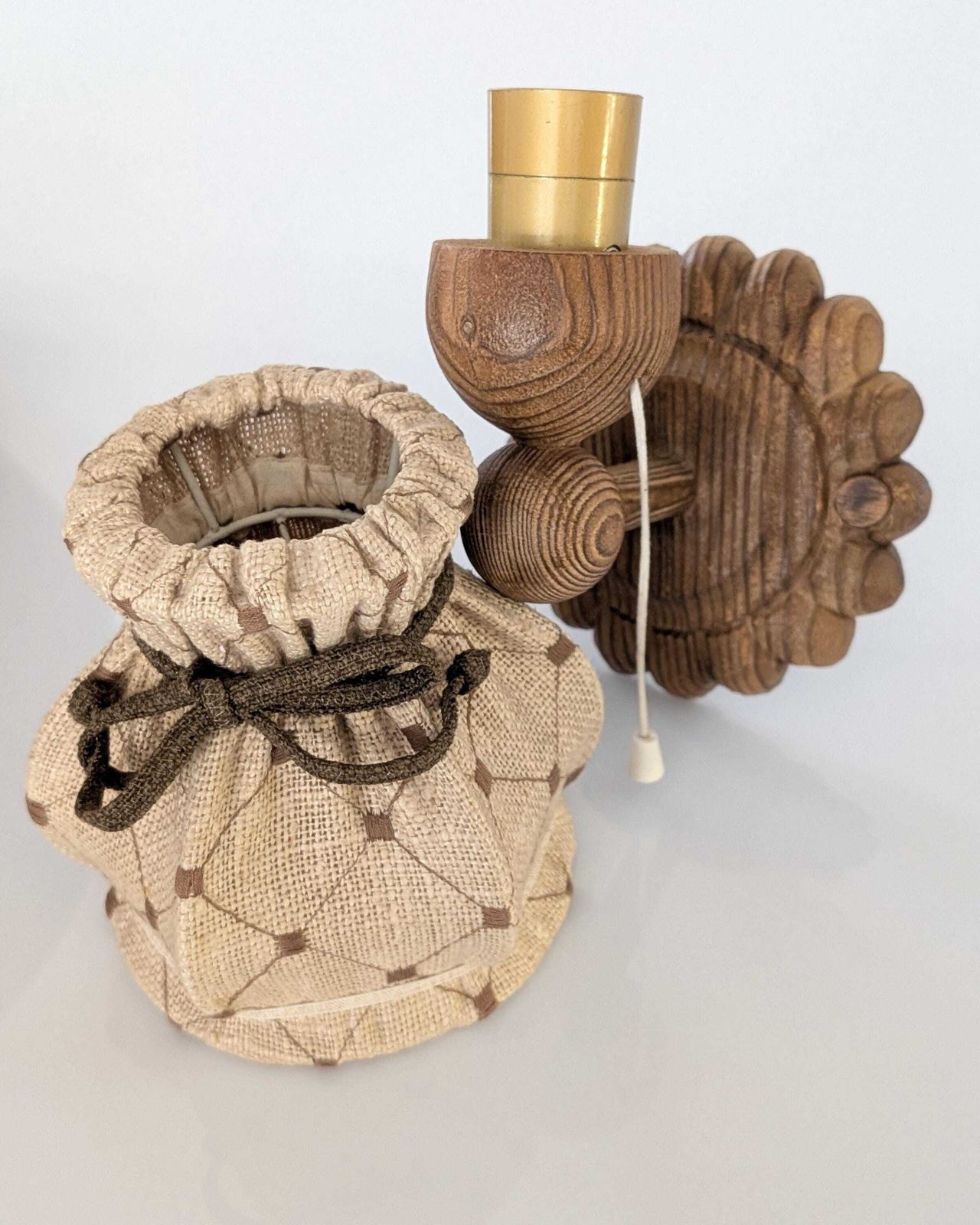 Pair Of Carved Pine Wall Sconces With Jute Shades, Swedish Design, 1970s. photo vintage
