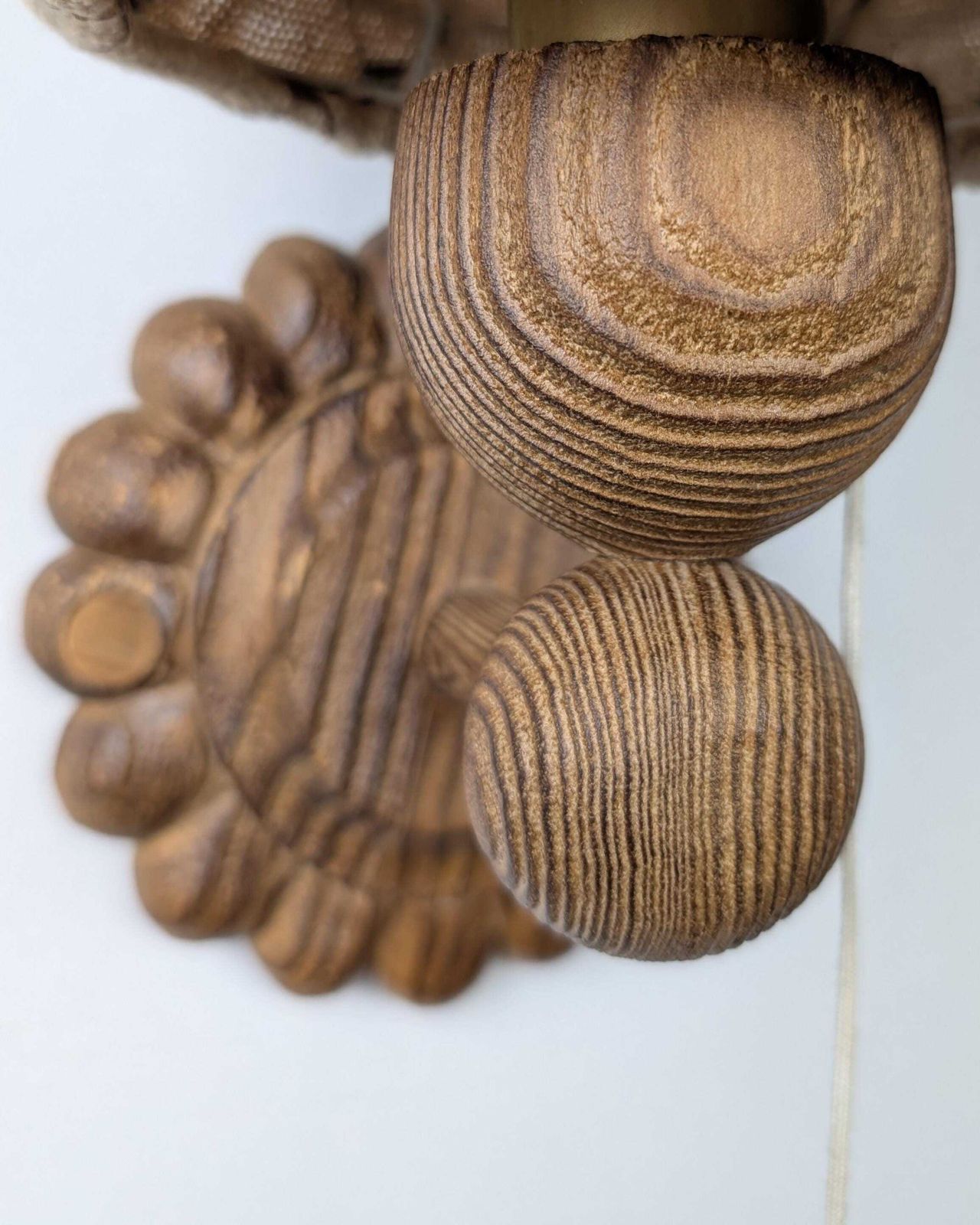 Lighting Pair Of Carved Pine Wall Sconces With Jute Shades, Swedish Design, 1970s. photo